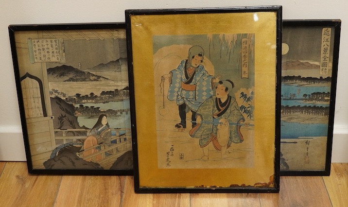 Two Japanese woodblock prints, to include; After Utagawa Hiroshige (1797-1858), colour woodblock print triptych, The Complete 8 Views of Omi, largest 35 x 72cm. Condition - fair to good